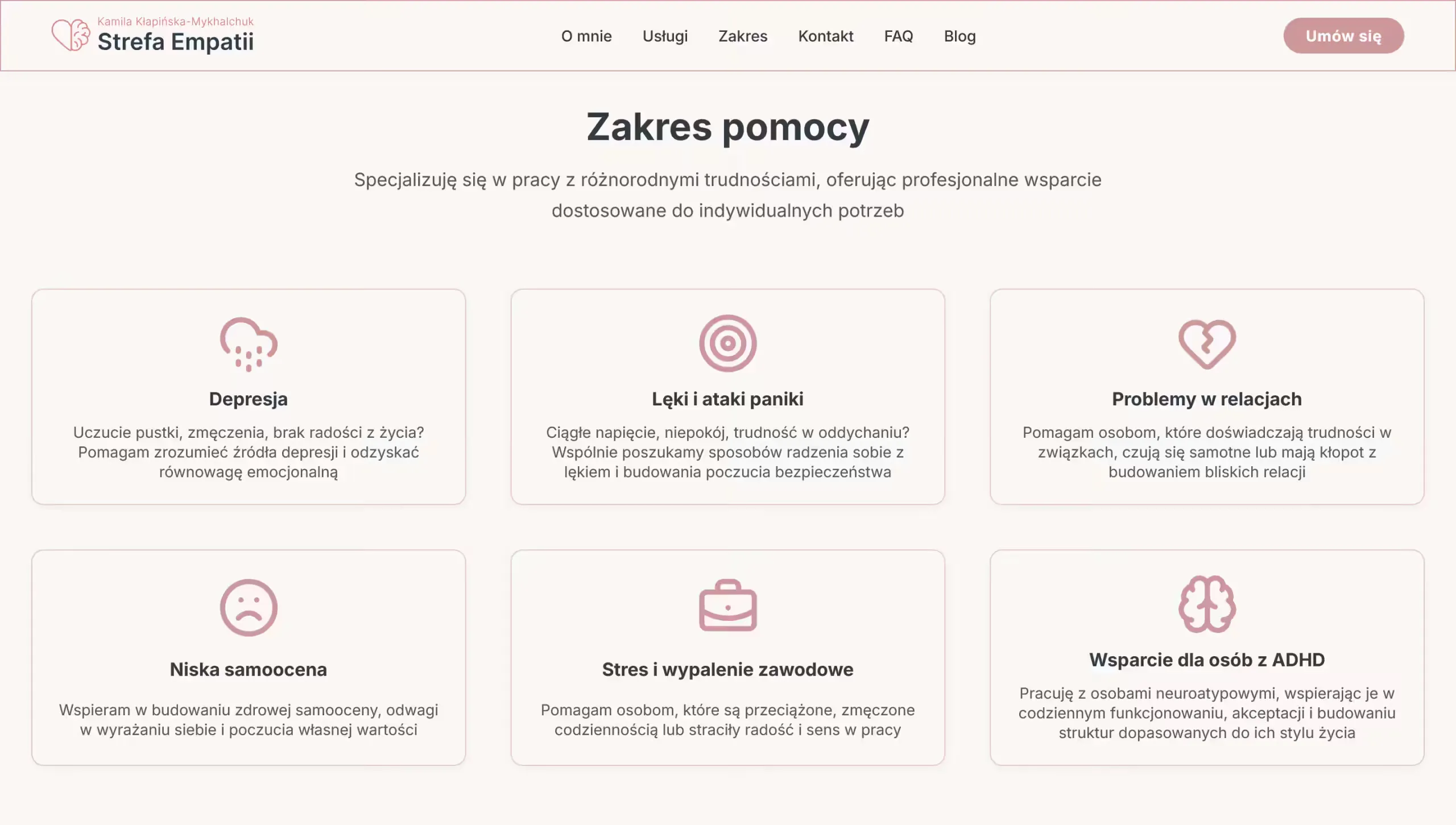 Zakres pomocy na stronie Strefa Empatii: sześć obszarów od depresji po wsparcie dla osób z ADHD
