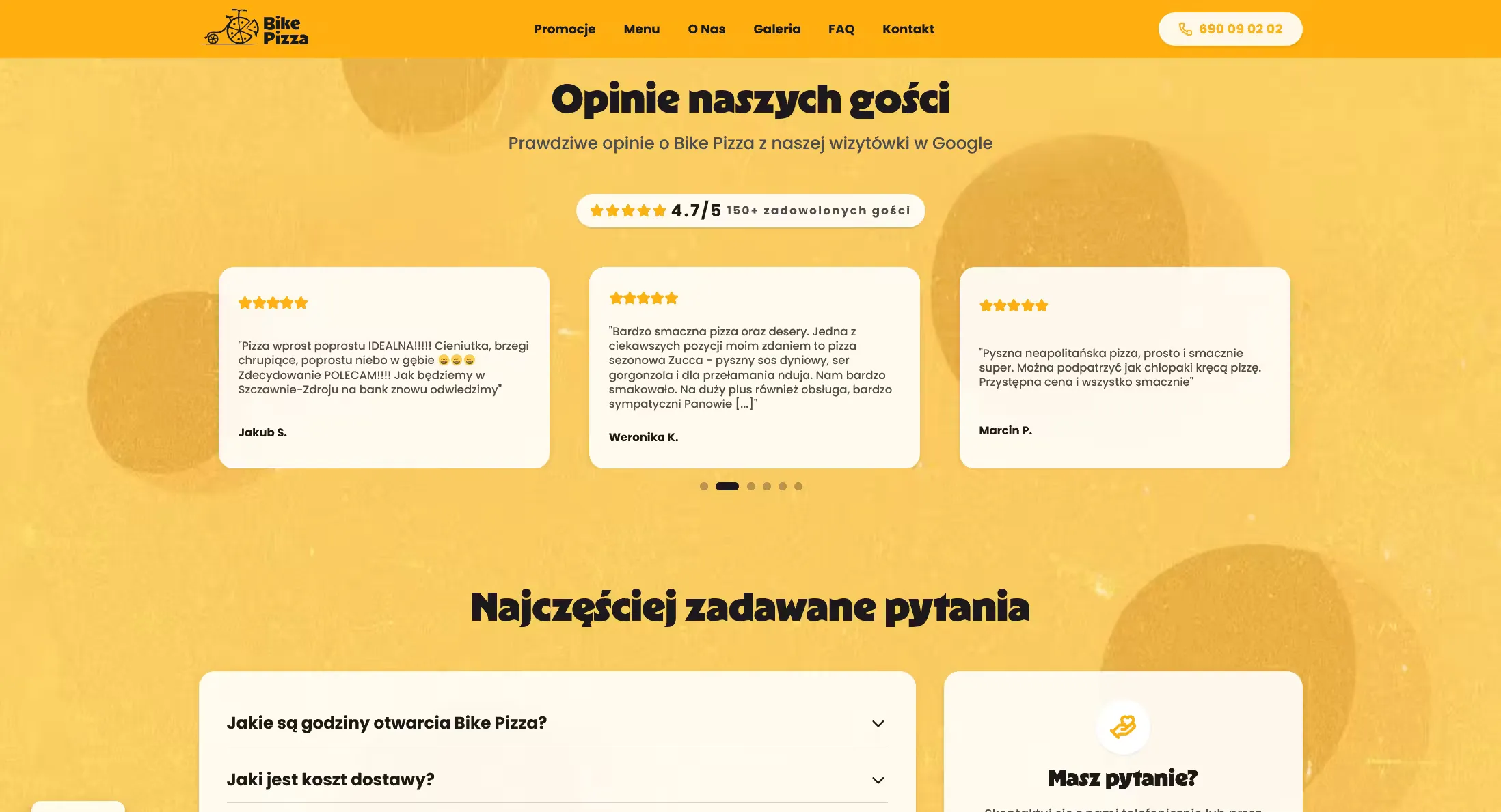 Sekcja opinii gości z Google i najczęstszych pytań na stronie Bike Pizza