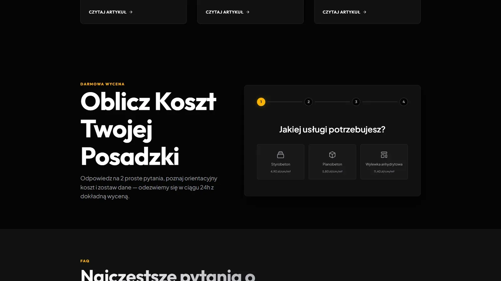 Kalkulator kosztu posadzki na stronie Styrobeton.eu z wyborem rodzaju wylewki
