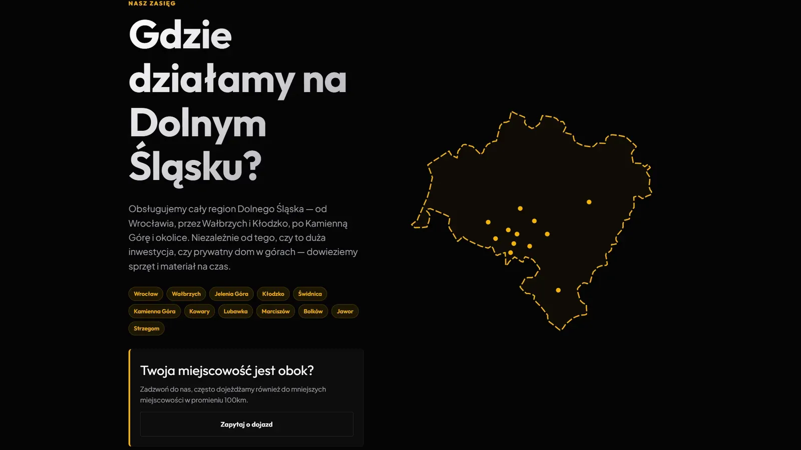Mapa Dolnego Śląska z miejscowościami, w których pracuje firma DAN-TYNK, na stronie Styrobeton.eu