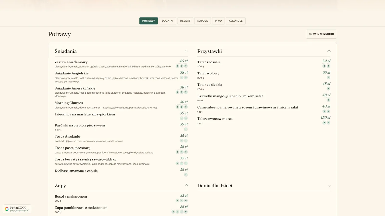 Karta dań Restauracji Ustronianka z kategoriami, cenami i oznaczeniem alergenów