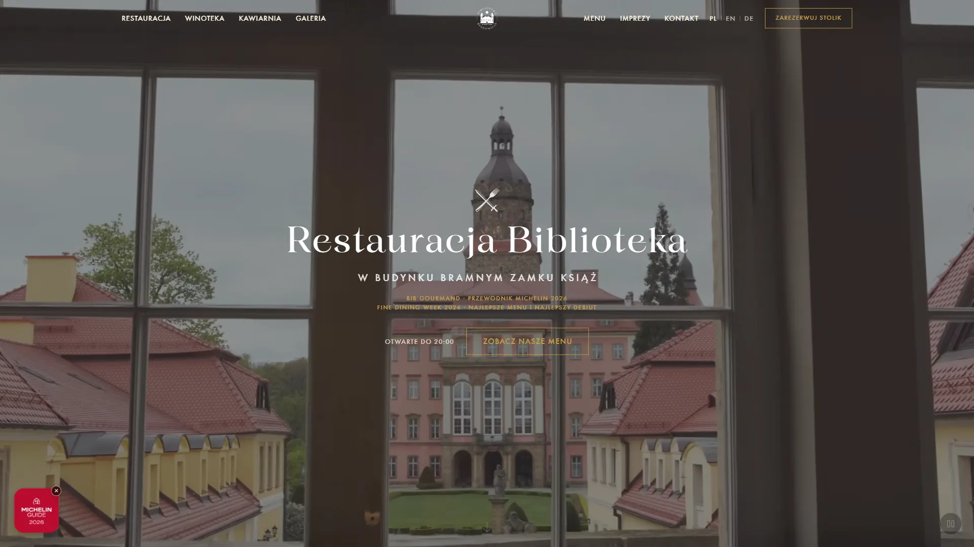 Pierwszy ekran strony Restauracji Biblioteka w Zamku Książ z przyciskiem rezerwacji stolika