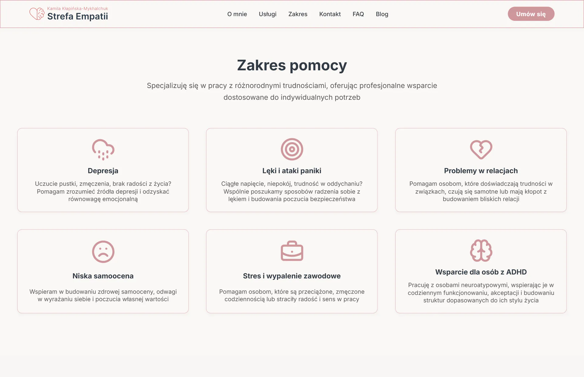 Zakres pomocy na stronie Strefa Empatii: sześć obszarów od depresji po wsparcie dla osób z ADHD