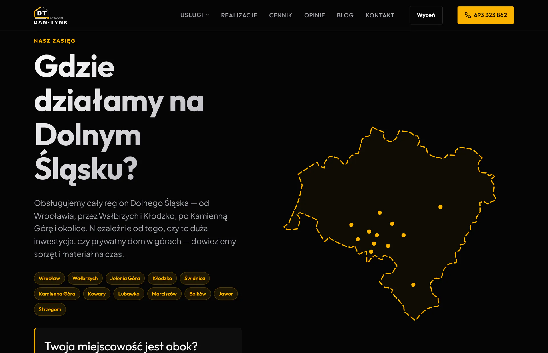 Mapa Dolnego Śląska z miejscowościami, w których pracuje firma DAN-TYNK, na stronie Styrobeton.eu