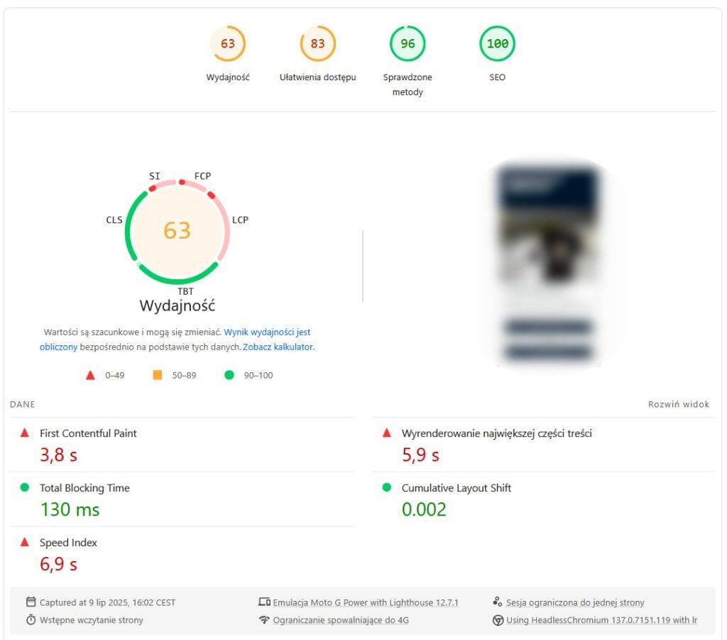 PageSpeed przed - strona główa