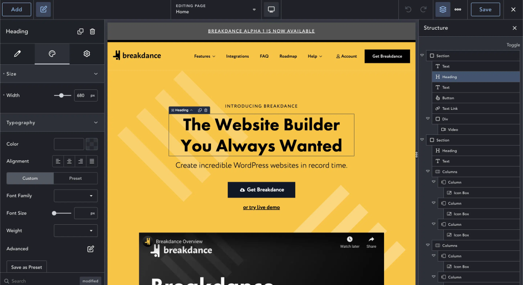 Interfejs Breakdance Builder